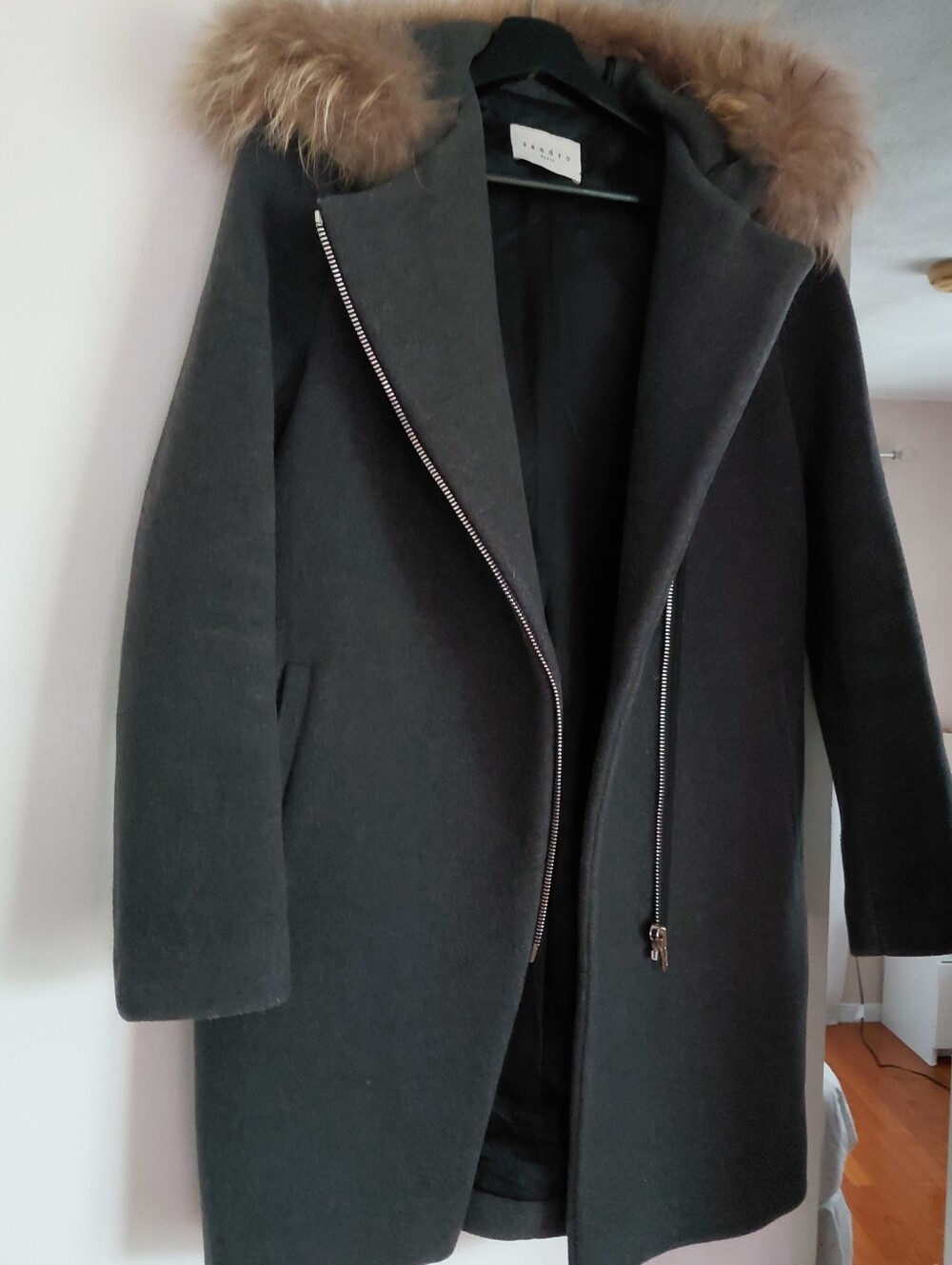 Sandro Wool-Blend Hooded Coat with Fur Trim - Grey. Size 36